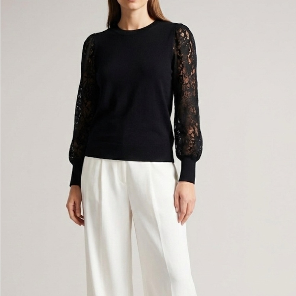 Adrianna Papell Black Lace Balloon Sleeve Feminine Crew Neck Sweater Lar…